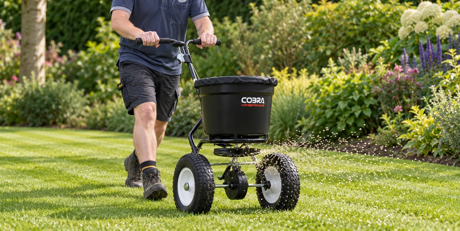 Applying lawn fertiliser with a Cobra rotary spreader beside established flower borders